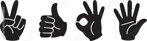 Hand gestures in silhouette including victory sign, thumbs up, okay sign, and open palm