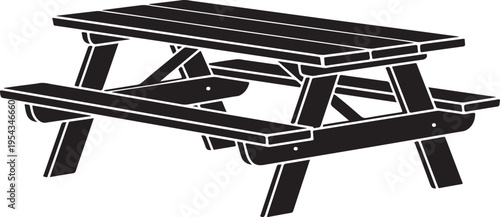 Wooden picnic table with benches in silhouette, perfect for outdoor gatherings and park settings