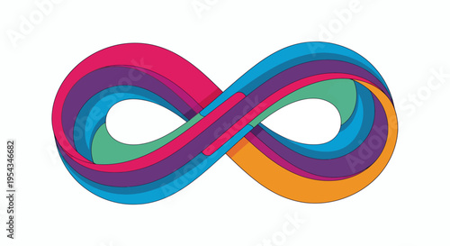 Dynamic colorful infinity loop logo with gradient ribbons and abstract flowing shapes.