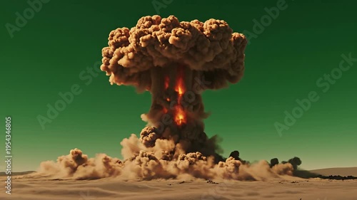 Dramatic explosion on barren landscape against a green sky