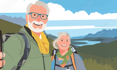 Couple takes selfie on hiking trip in mountain area with lake and sky in the background