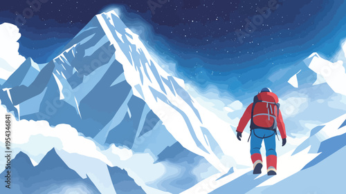 Climber ascends snowy mountain under starry sky in a challenging environment near the summit during nighttime