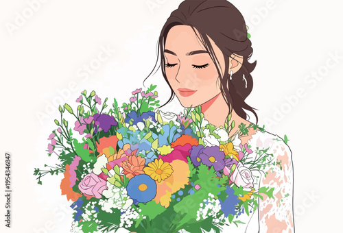 Woman holds a large bouquet of flowers indoors during a bright day while wearing a simple white dress