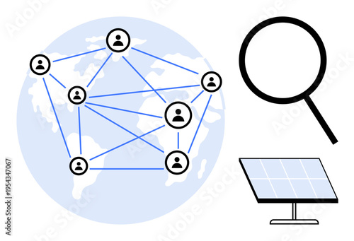 Linked user icons on a world map, solar panel, and magnifying glass. Ideal for technology, renewable energy, global connectivity, research, innovation collaboration and sustainability. A simple