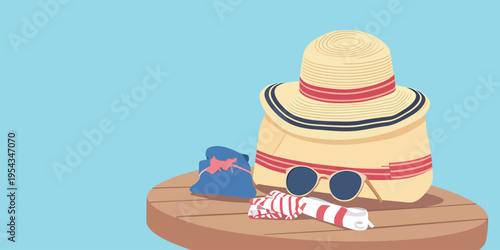Beach items on a wooden table with a blue background showing summer vibes and vacation spirit in a simple setup