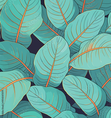 Leaves with a light blue color spread over a dark background showing details of their shape and veins