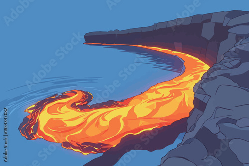 Lava flows into the ocean at a coastal edge during a volcanic eruption in Hawaii, showcasing nature's raw power and movement