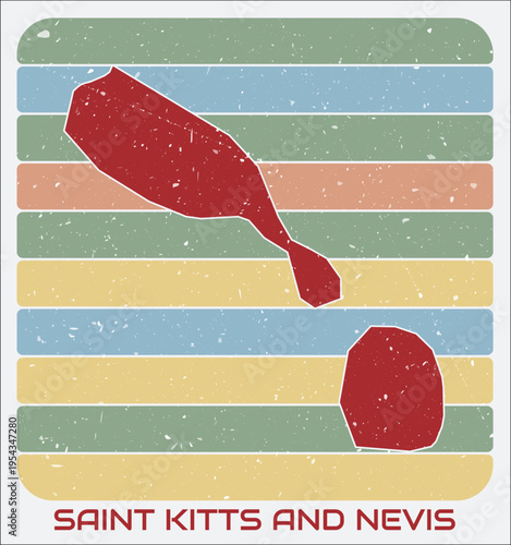 Saint Kitts and Nevis vintage logo. Shape of the country on retro colored stripes background. Saint Kitts and Nevis map design with grunge scratch texture. Vector illustration.