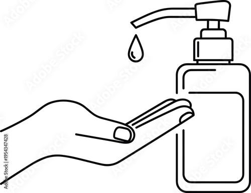 Minimalist cad drawing of hand sanitizer bottle dispensing liquid on hand, flat vector illustration isolated on white background for hygiene