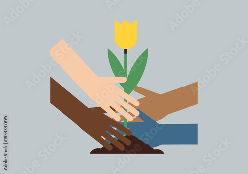 Collective Growth: Depicts hands of various skin tones collaboratively nurturing a nascent flower, symbolizing unity, growth, and the cultivation of shared aspirations. 