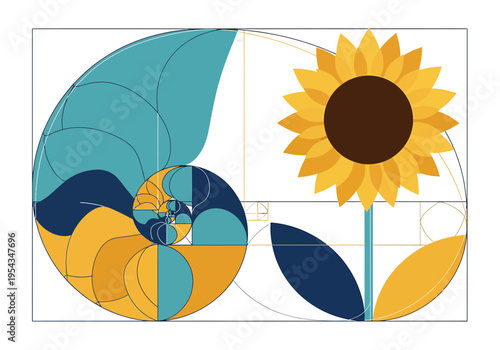 Golden Ratio Sunflower: An artistic display showcasing the Fibonacci sequence's elegance, with a sunflower illustration artfully placed, illustrating nature's mathematical beauty.