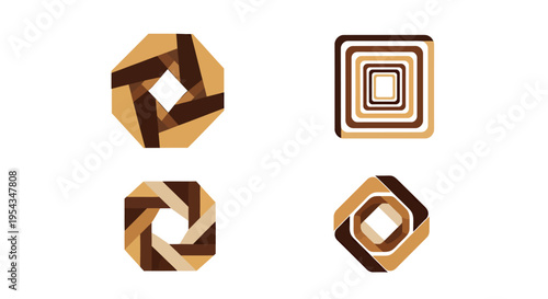 Brown geometric abstract shapes set with interlocking angular forms and tiling patterns.