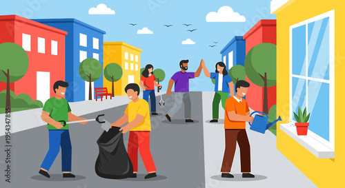 Joyful community volunteers come together for urban neighborhood cleanup and beautification, showcasing teamwork, social responsibility, and dedication to a better environment