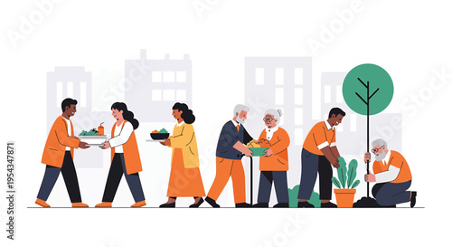 Diverse Community Volunteers Engage in Acts of Kindness Helping Seniors, Serving Meals, and Urban Greening for a Stronger, More Supportive Society