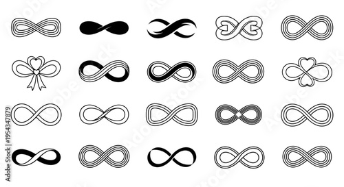 Collection of decorative infinity symbols and ribbon motifs in various styles for graphic design.