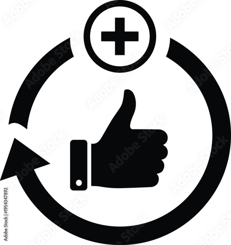 Minimalist cad drawing of thumbs up approval icon with circular arrow and plus symbol, flat vector illustration isolated