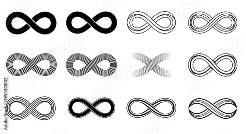 Diverse Infinity Symbols: Monochrome Loops and Abstract Emblems Collection.