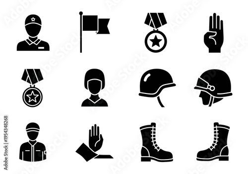 Comprehensive vector icon set depicting military service and remembrance, featuring soldiers, flags, medals, and equipment, ideal for honoring veterans and national events with respect and dignity