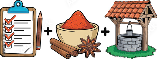 Flat vector checklist spices bowl cinnamon star anise water well concept cooking ingredients recipe preparation illustration design workflow