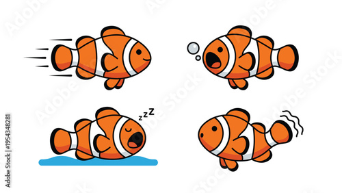 Cute Cartoon Clownfish Character Set: Expressive Ocean Fish Icons with Various Actions and Emotions