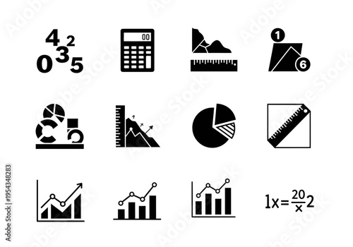 A versatile conceptual icon set for mathematics, statistics, and financial data visualization. Represents data analysis, growth, calculation, and information processing concepts