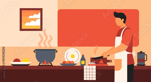 Man in apron cooking homemade meal in modern kitchen, steaming pots and pans. Flat design illustration of home culinary arts and food preparation
