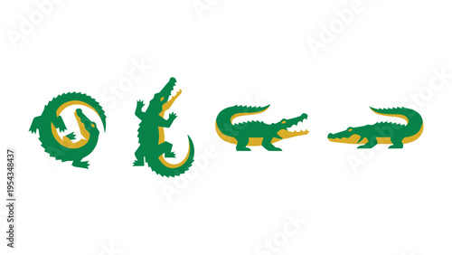 Set of stylized green and yellow crocodiles in various dynamic poses. Flat design vector illustration of playful alligators.