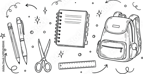 Back to school doodle set with backpack notebook scissors pencils and ruler, hand drawn education supplies illustration for classroom design