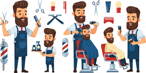 Barbershop services set with barber cutting shaving and styling hair, professional grooming and haircut process vector illustration collection