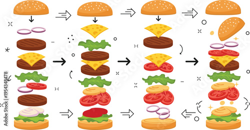 Burger making process with step by step ingredients assembly, fast food preparation concept with bun meat cheese vegetables vector illustration sequence set