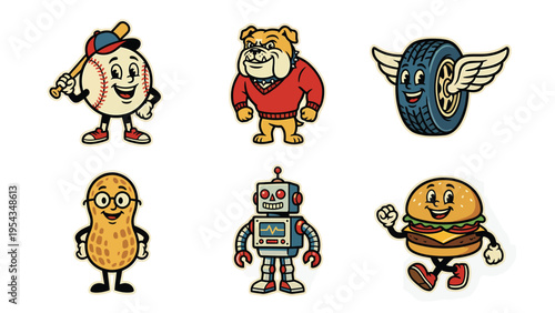 Retro Cartoon Mascots Set: Baseball, Bulldog, Winged Tire, Peanut, Robot, and Hamburger Illustrations