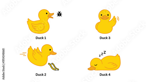 Cartoon Rubber Duck Vector Set: Diverse Actions and Emotions - Quacking, Chasing, Waving, Sleeping Illustrations