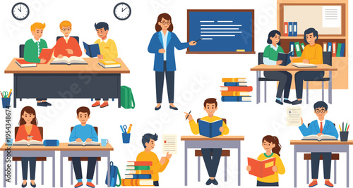 Classroom learning and teaching set with students reading writing and teacher explaining lessons, school education concept with study activities vector illustration collection