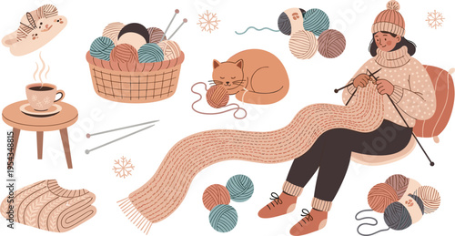 Cozy knitting scene with woman crafting scarf yarn balls cat and warm tea, winter handmade hobby and relaxation concept vector illustration set