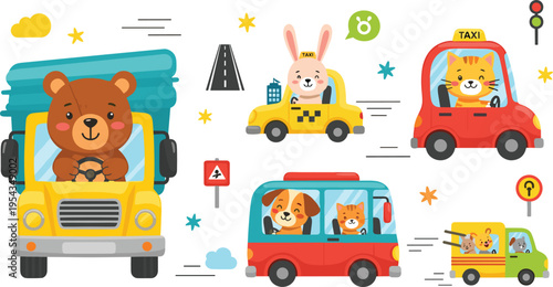 Cute animals driving vehicles set with bear rabbit cat and dog in cars trucks and taxi, funny cartoon transportation illustration for kids design collection