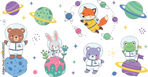 Cute animals in space set with bear rabbit fox frog in astronaut suits, cartoon cosmic characters with planets and stars vector illustration collection