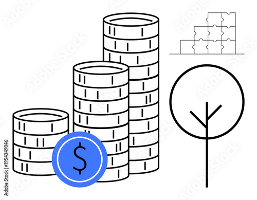 Financial growth concept. Stacked coins with a dollar symbol, tree illustration, and puzzle design financial planning, sustainable investments, and economic development. For sustainability, economy