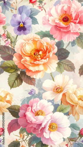 A colorful floral pattern featuring roses and other flowers