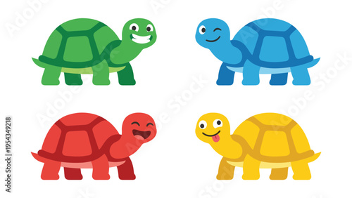 Set of four cute colorful cartoon turtles with different happy expressions, flat design illustration