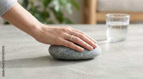 Main posée sur une pierre lisse zen