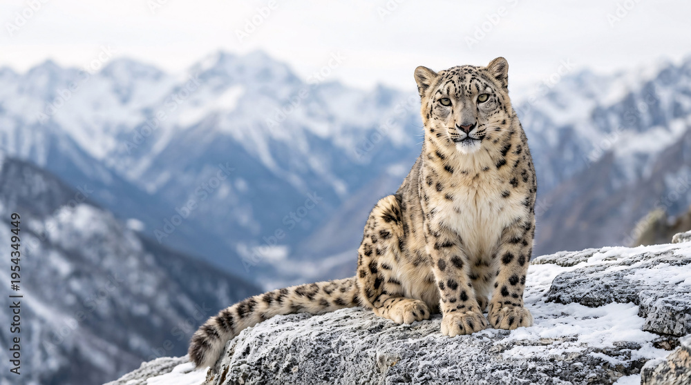 Fototapeta premium Léopard des neiges sur fond de montagnes