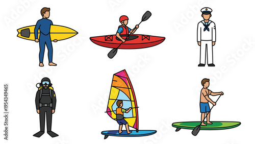 Water Sports & Maritime Activities Vector Icons Set: Surfing, Kayaking, Diving, Windsurfing, Paddleboarding, Sailor