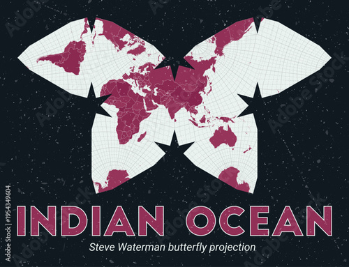 Indian Ocean. World map. Steve Waterman butterfly projection centered to Indian Ocean. Pale Mint Dark Pink palette. Vintage texture. Elegant vector illustration.