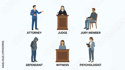 Legal System Personnel and Courtroom Roles Flat Vector Illustration Set