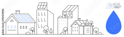 Renewable energy, eco-friendly housing, urban sustainability, water conservation, green technology, environmental design. Minimalist line drawing of buildings with solar panels and a water droplet