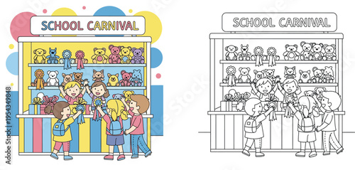 Kids at a school carnival game stall, coloring book page with a colorful example, children winning prizes at a fair booth, vector illustration