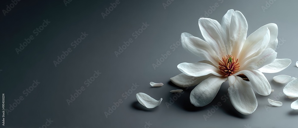 Fototapeta premium Elegant White Magnolia Flower on Dark Background with Falling Petals for Serenity and Tranquility