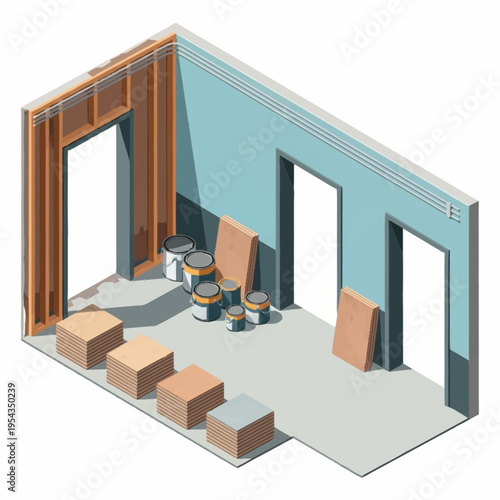 Construction site interior with building materials and paint cans.
