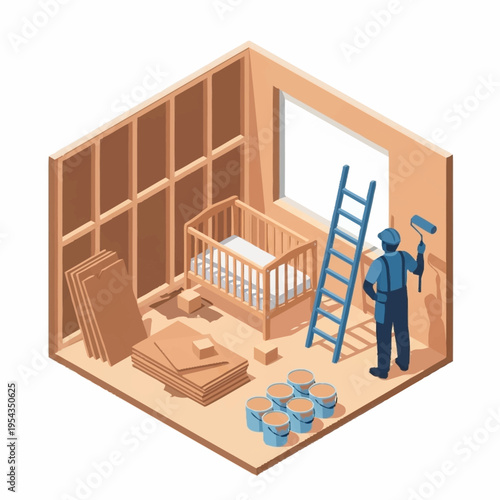 Construction worker painting a nursery room with crib.
