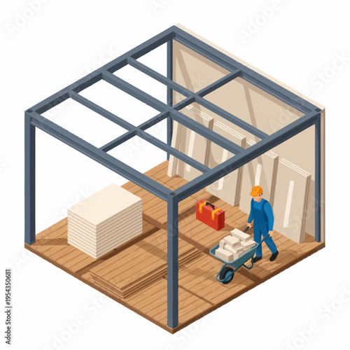 Construction worker pushing wheelbarrow inside unfinished building structure.